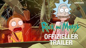 Man sieht Rick and Morty in ihrem Raumschiff. Etwas Weltraummüll steckt in der Windschutzscheibe.