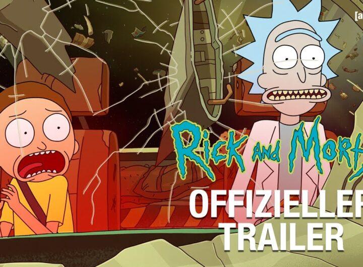 Man sieht Rick and Morty in ihrem Raumschiff. Etwas Weltraummüll steckt in der Windschutzscheibe.