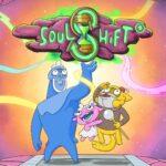 Das offizielle Poster der deutschen Animationsserie "Soul Shift". Man sieht die Protagonisten Tau-Blau, Sonnengelb und Glitzer wie sie gespannt nach oben schauen. Tau-Blau hält eine kleine Version der Erde in seiner Hand.