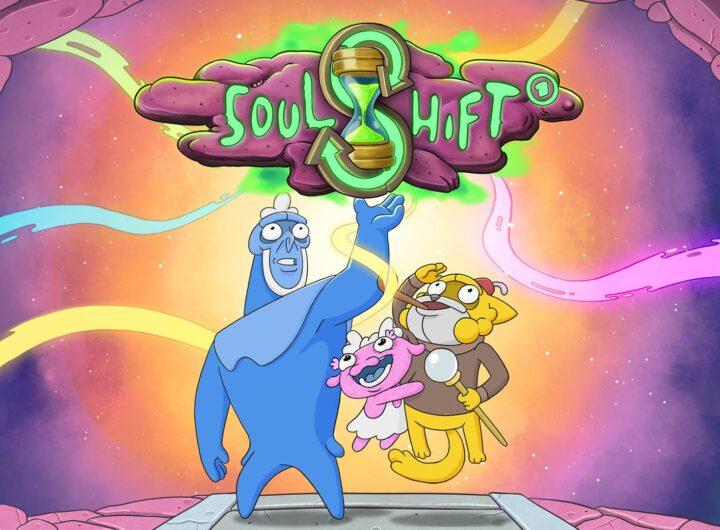 Das offizielle Poster der deutschen Animationsserie "Soul Shift". Man sieht die Protagonisten Tau-Blau, Sonnengelb und Glitzer wie sie gespannt nach oben schauen. Tau-Blau hält eine kleine Version der Erde in seiner Hand.