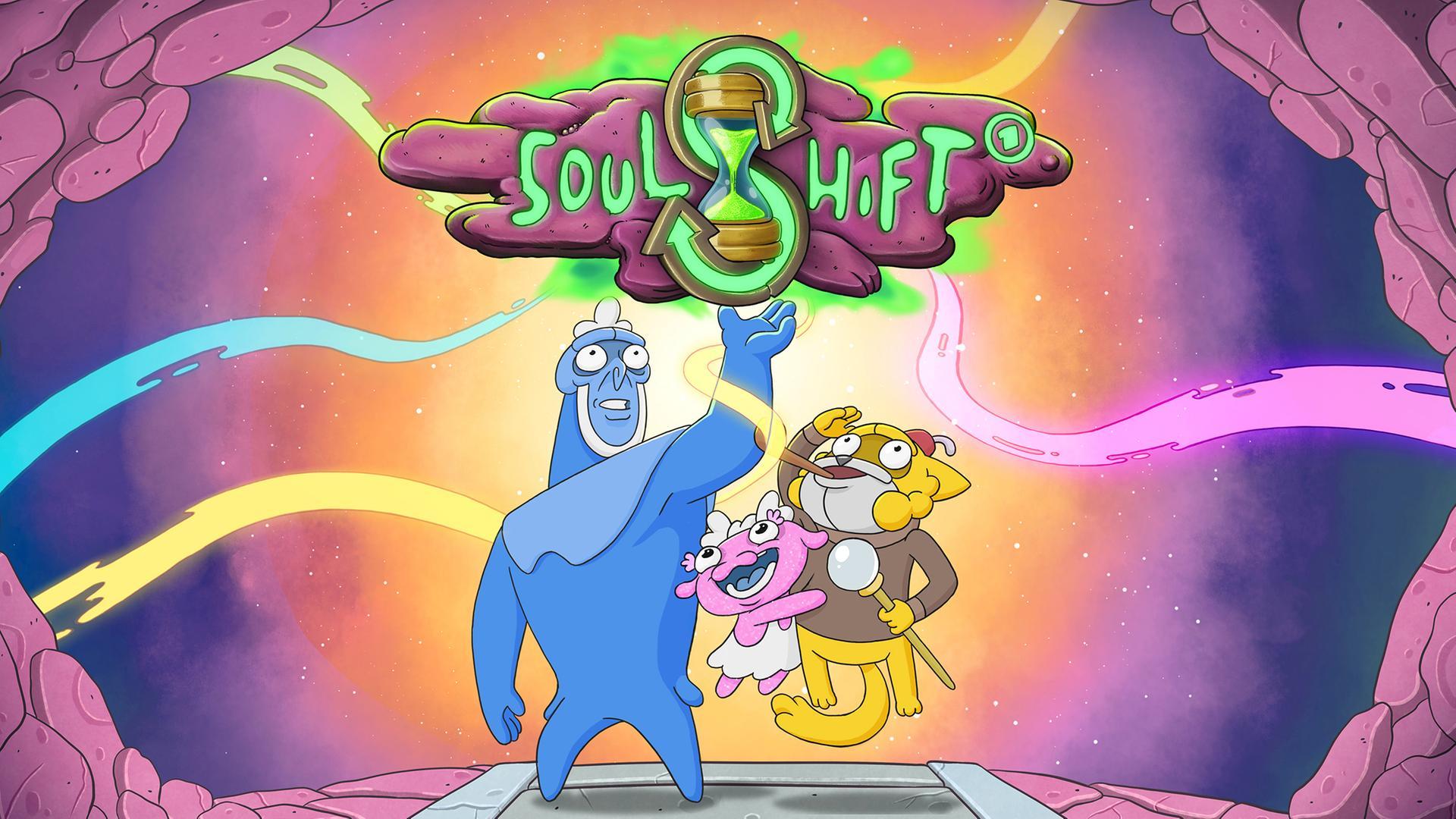Das offizielle Poster der deutschen Animationsserie "Soul Shift". Man sieht die Protagonisten Tau-Blau, Sonnengelb und Glitzer wie sie gespannt nach oben schauen. Tau-Blau hält eine kleine Version der Erde in seiner Hand.